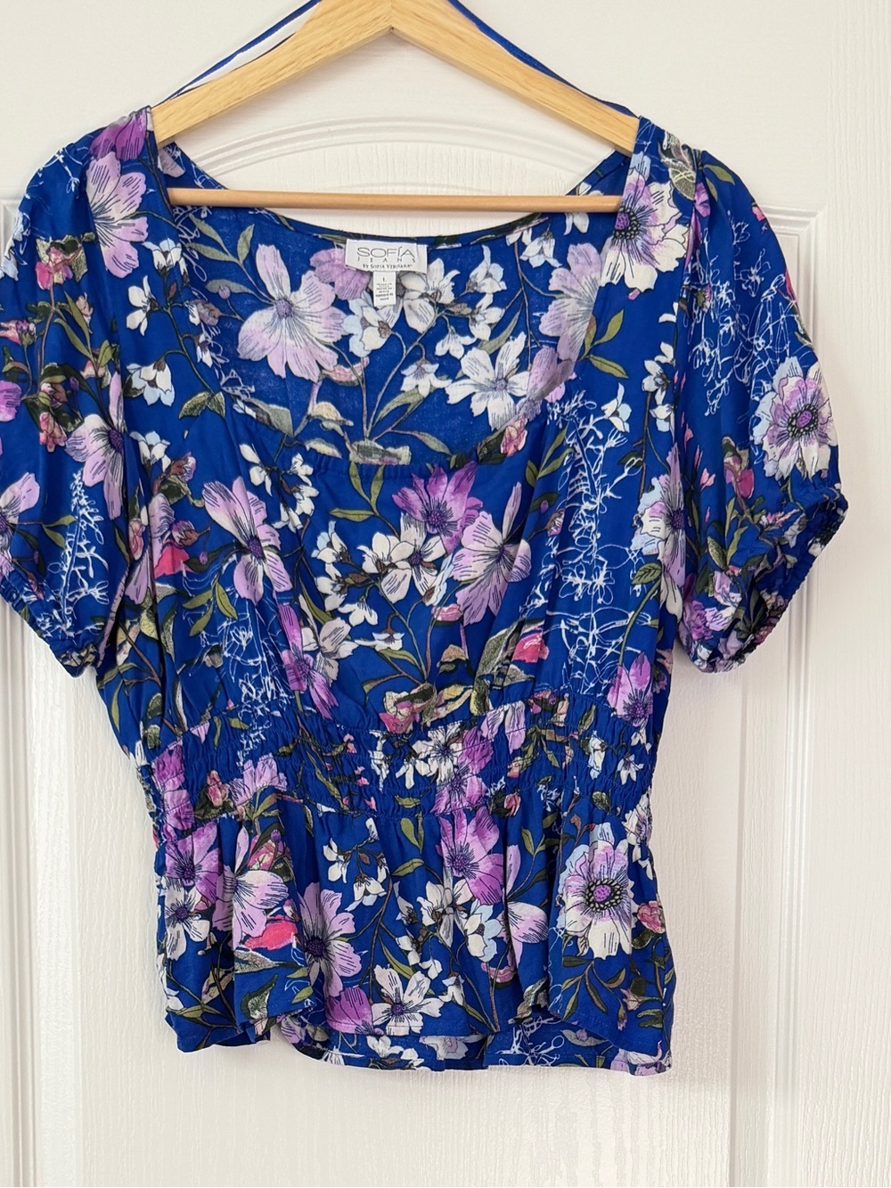 Sofia by Sofia Vergara Blue Floral Peasant Blouse Size Large
